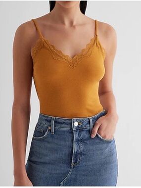Express Essential Fitted Ribbed V Neck Lace Trim Camisole in Mustard